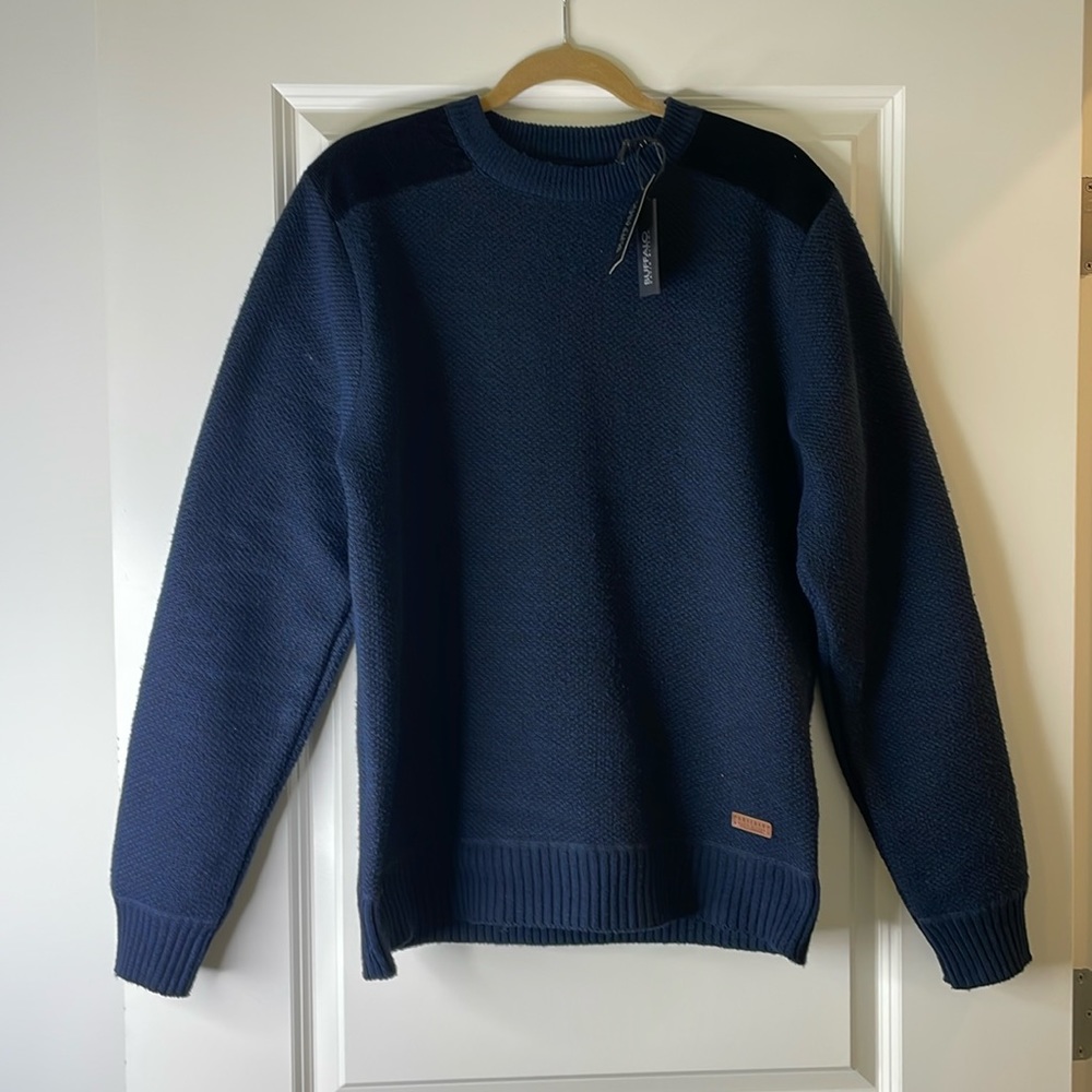 Buffalo casual blue and black wool crew neck dress sweatshirt.